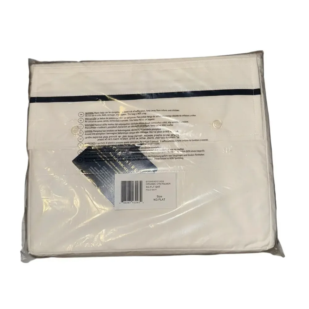 NEW Ralph Lauren King Flat Sheet Palmer White Polo Navy Organic Cotton Old Money